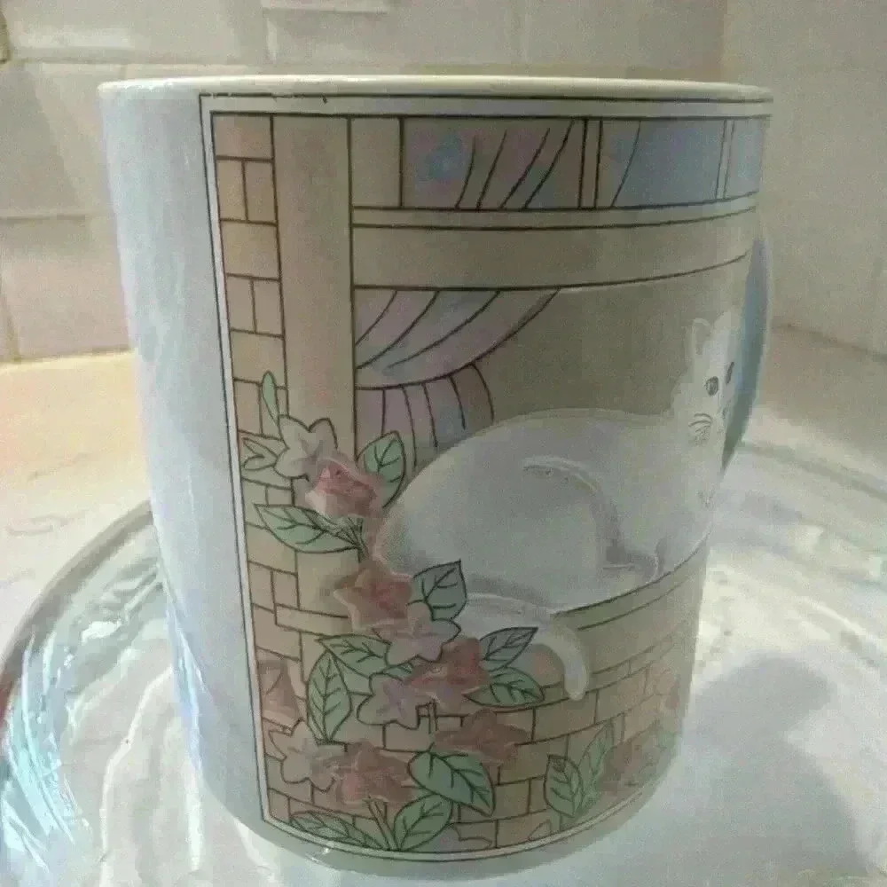 VTG Otagiri Japan White Cat In Window Raised Embossed Curtis Swann Coffee Mug